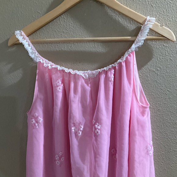 Vintage Pink Sheer Chiffon Night Gown Womens Medium Lace Nightie Barbie - Picture 5 of 6